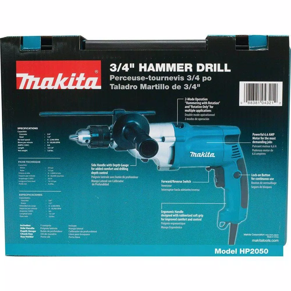 Makita 6.6 Amp 3/4 in. Corded Hammer Drill with Torque Limiter Side Handle Depth Gauge Chuck Key Hard Case and#8211; XDC Depot