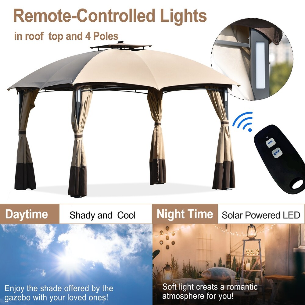 10ft * 12ft Double Vent Gazebo with Metal Frame Rectangular Canopy with Screen and LED Lights for Backyard and Poolside