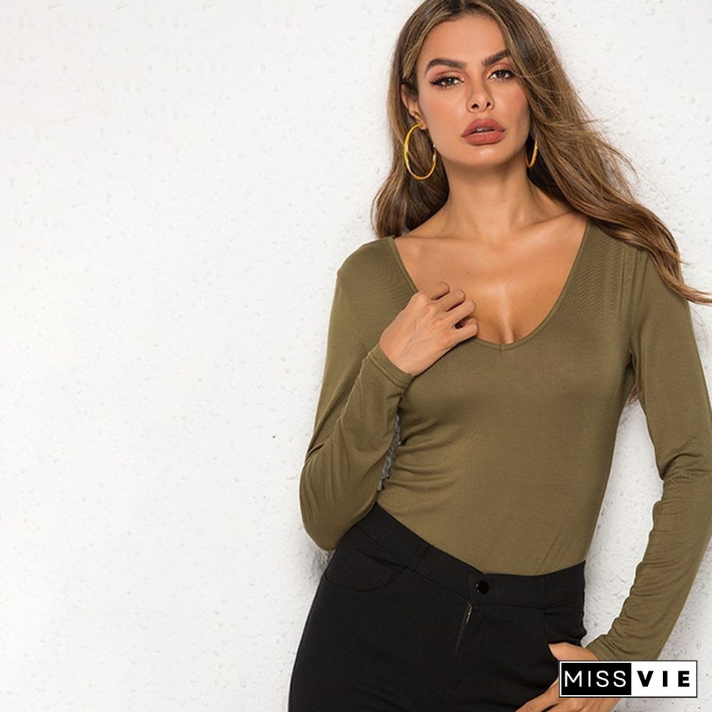 Women's Fashion Sexy black Army green Bodysuit Women Long Sleeve Jumpsuit Leotard Bottoming Tops Shirts