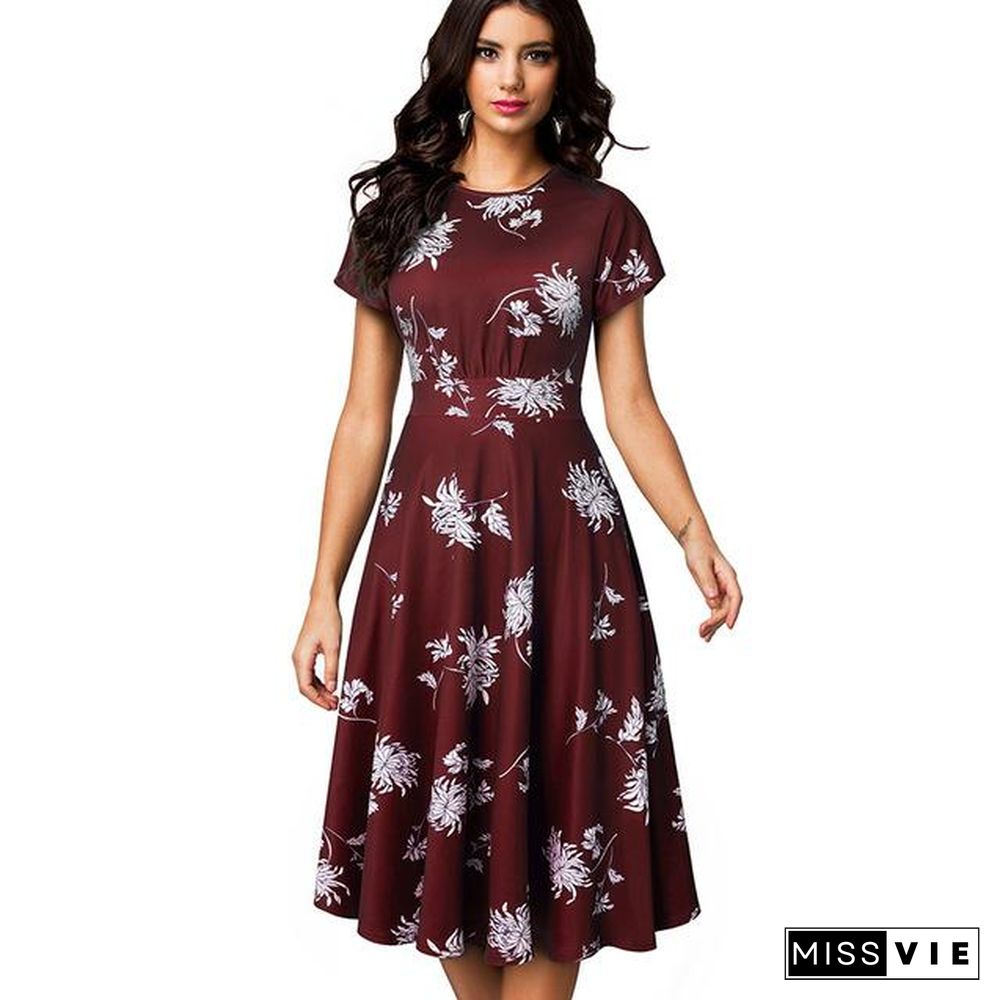 Women Vintage Elegant Floral Print Pleated Round neck A-Line Pinup Party Dress Black Dresses