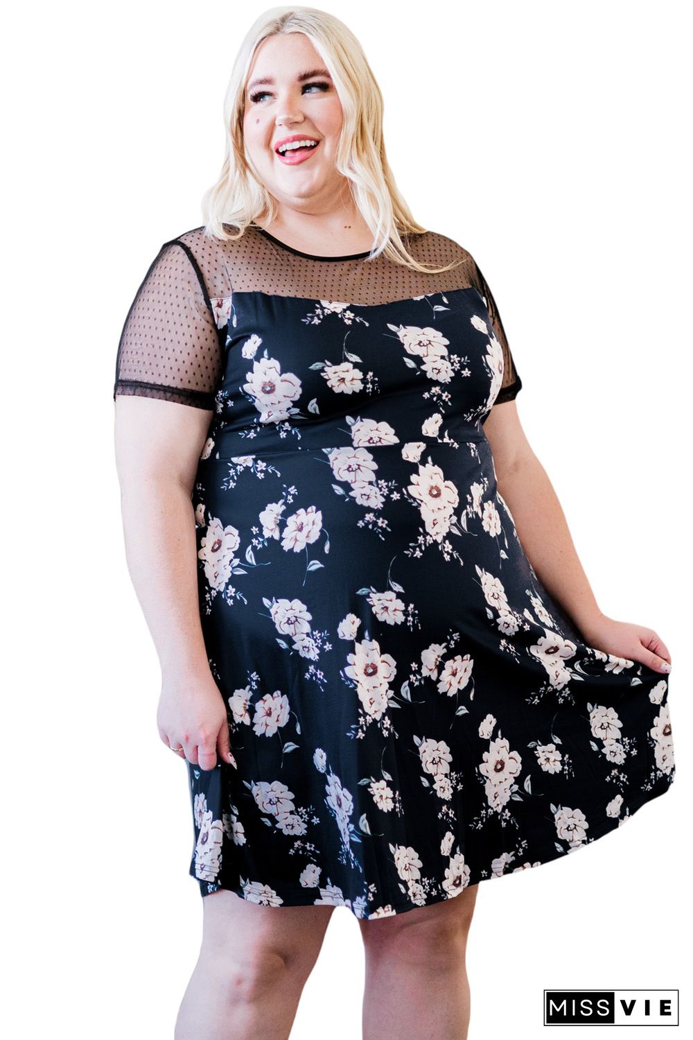 Plus size Floral Print Polka Dots Mesh Patch Mini Dress