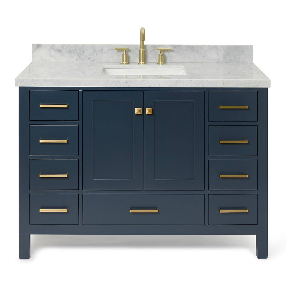 ARIEL Cambridge 49 in. W x 22 in. D Vanity in Midnight Blue with Marble Vanity Top in Carrara White with White Basin A049SCWRVOMNB