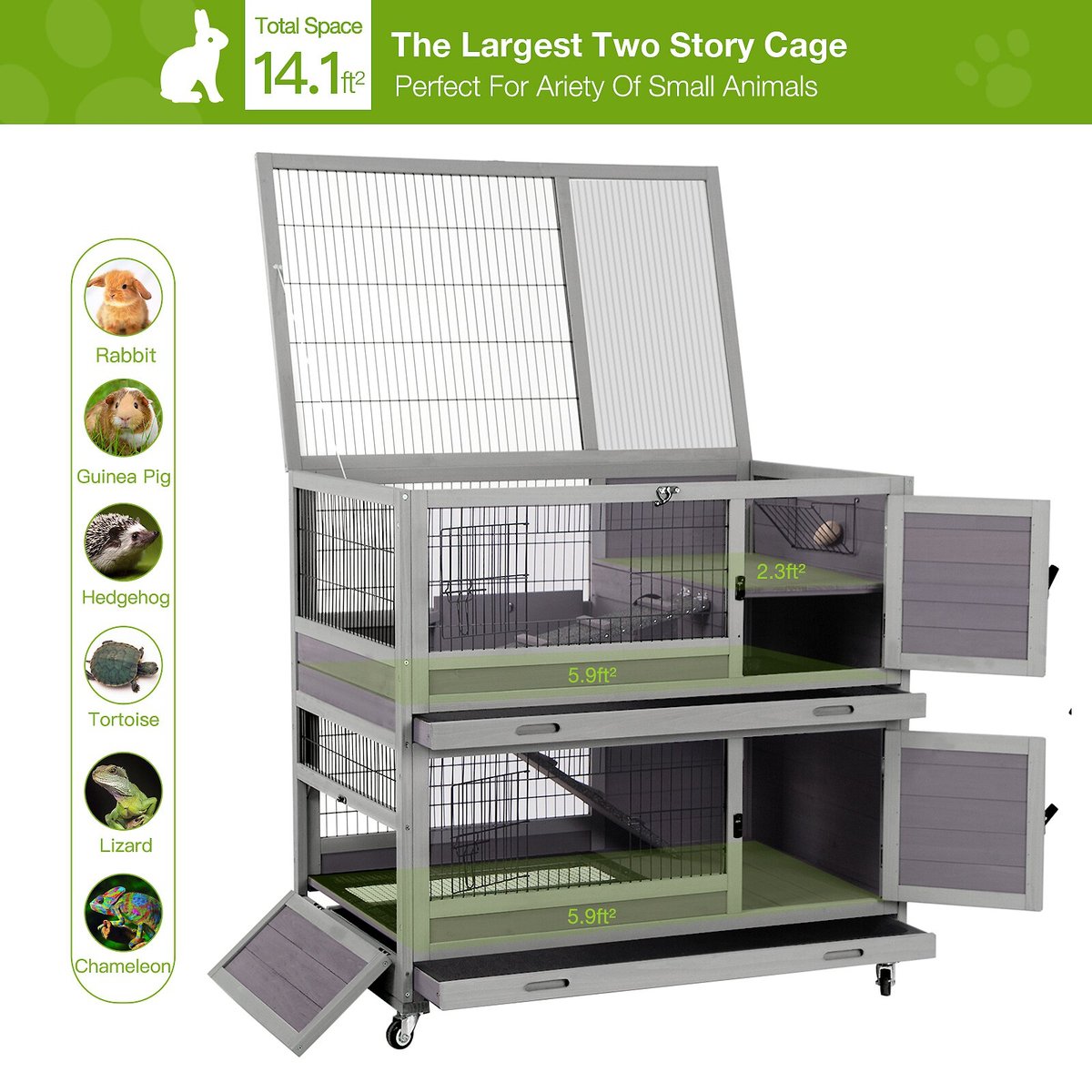 Aivituvin 39-in Indoor and Outdoor Wheeled Rabbit Cage