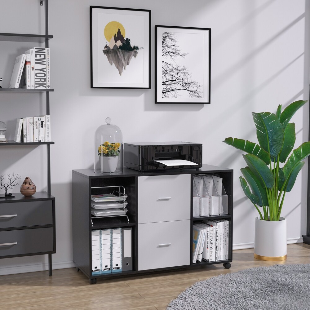 Wooden Filing Cabinet with 2 Drawers and 4 Open Storage Shelves  Equipped with Movable Wheels