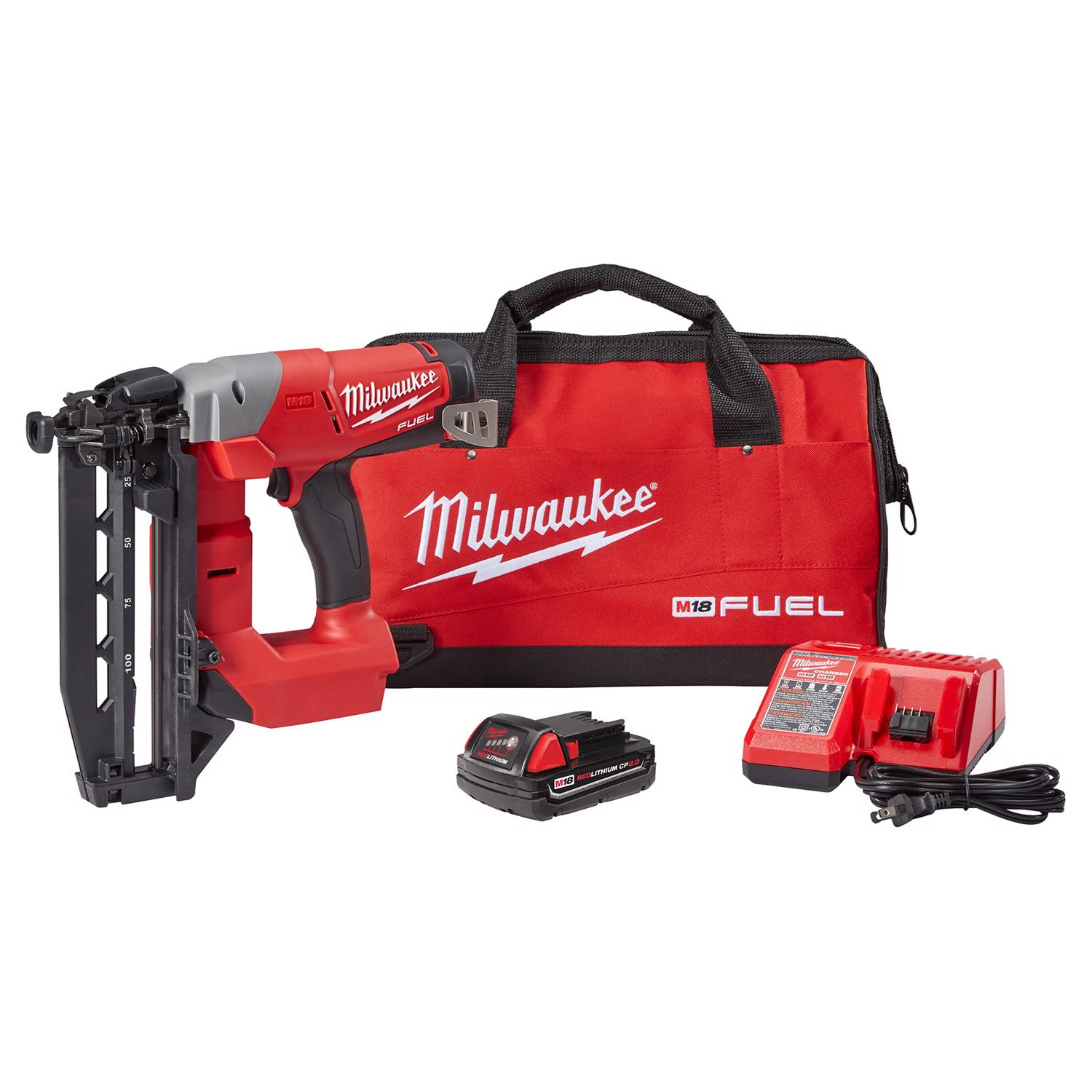 MW M18 Fuel 16 Ga. Cordless 90 deg Finish Nailer Kit (Battery \u0026 Charger) 18 V