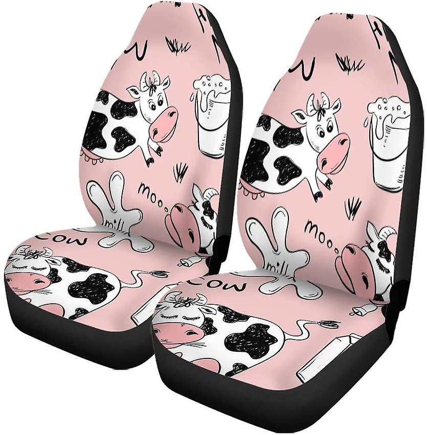 Set Of 2 Car Seat Covers Pink Sketch Of Funny Cows And Milk Product Universal Auto Front Seats Protector Fits For Car，suv Sedan，truck