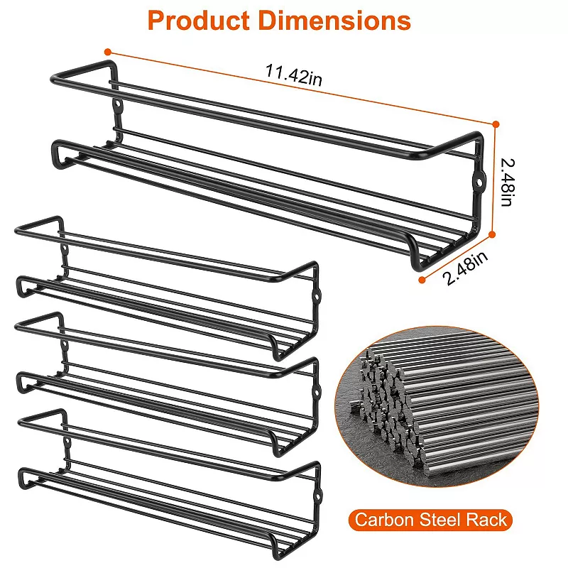 Carbon Steel Wall-mounted Spice Rack - Seasoning Herb Jar Holder and Organizer - Easy Installation Set of 4