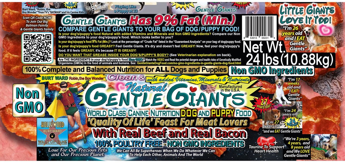 Gentle Giants Natural Non-GMO Dog and Puppy Beef and Bacon Dry Dog Food， 24-lb bag