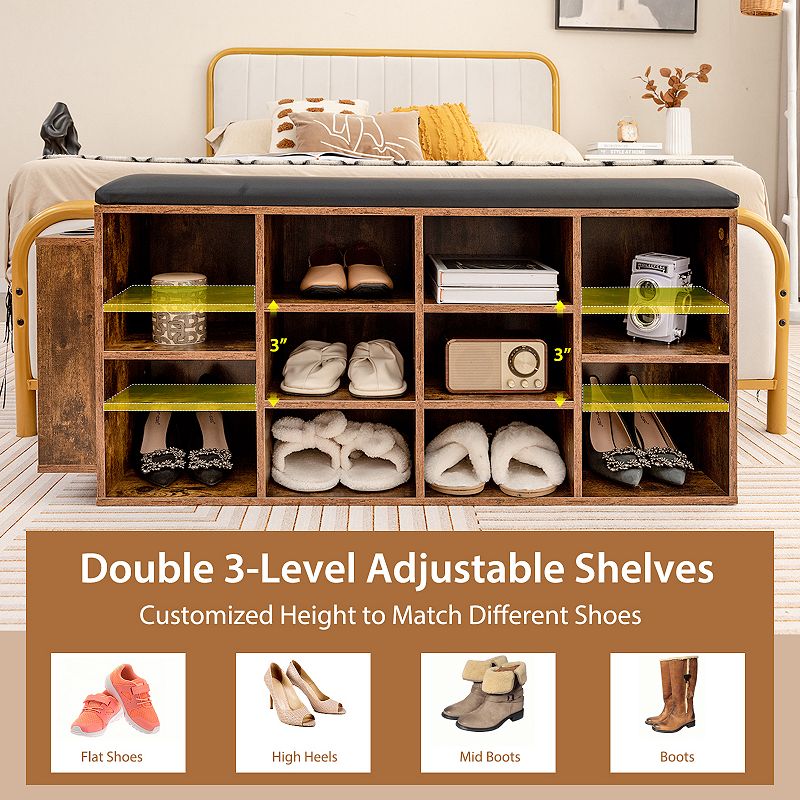 Shoe Storage Bench With Umbrella Stand And Adjustable Shelf - Rustic Brown