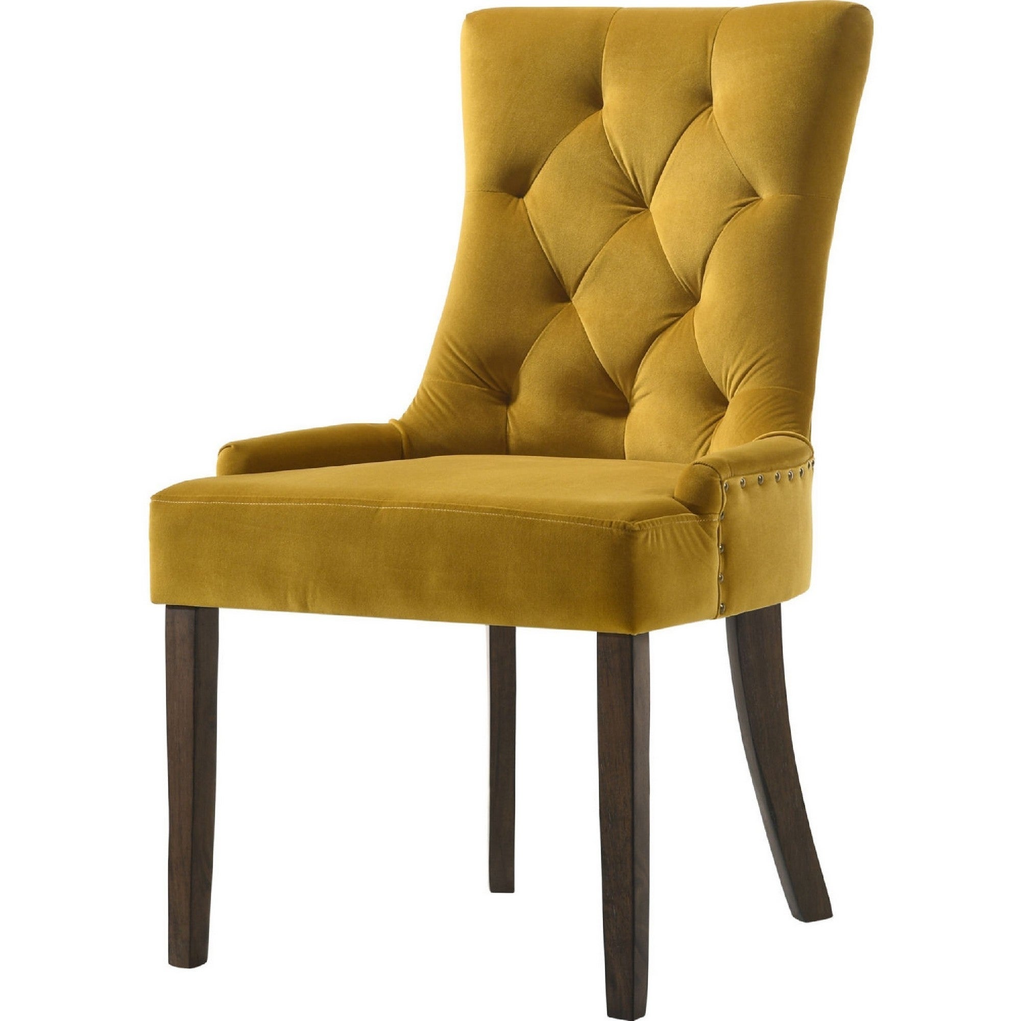 Esme 24 Inch Solid Wood Dining Chair， Velvet Tufted， Set of 2， Yellow