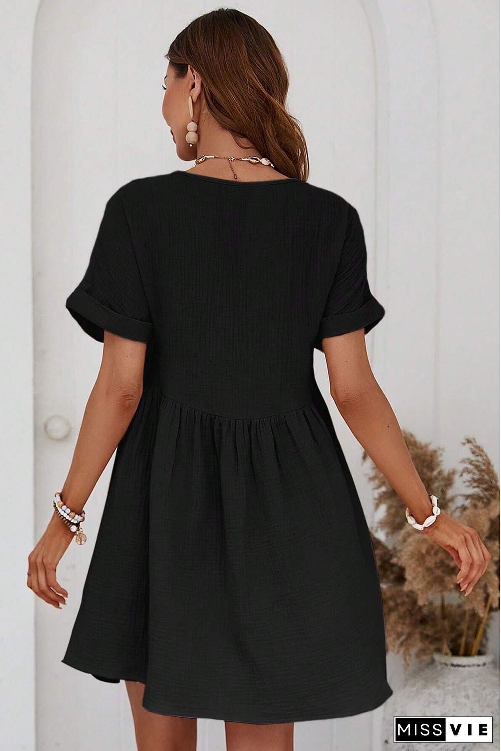 Folded Short Sleeve Lace V Neck Mini Dress