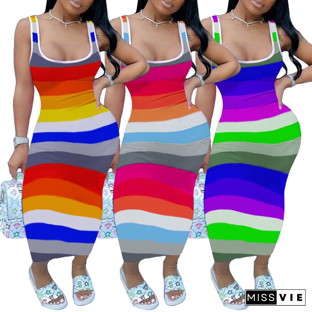 Summer Contrast Color Striped Sleeveless Bodycon Long Dress