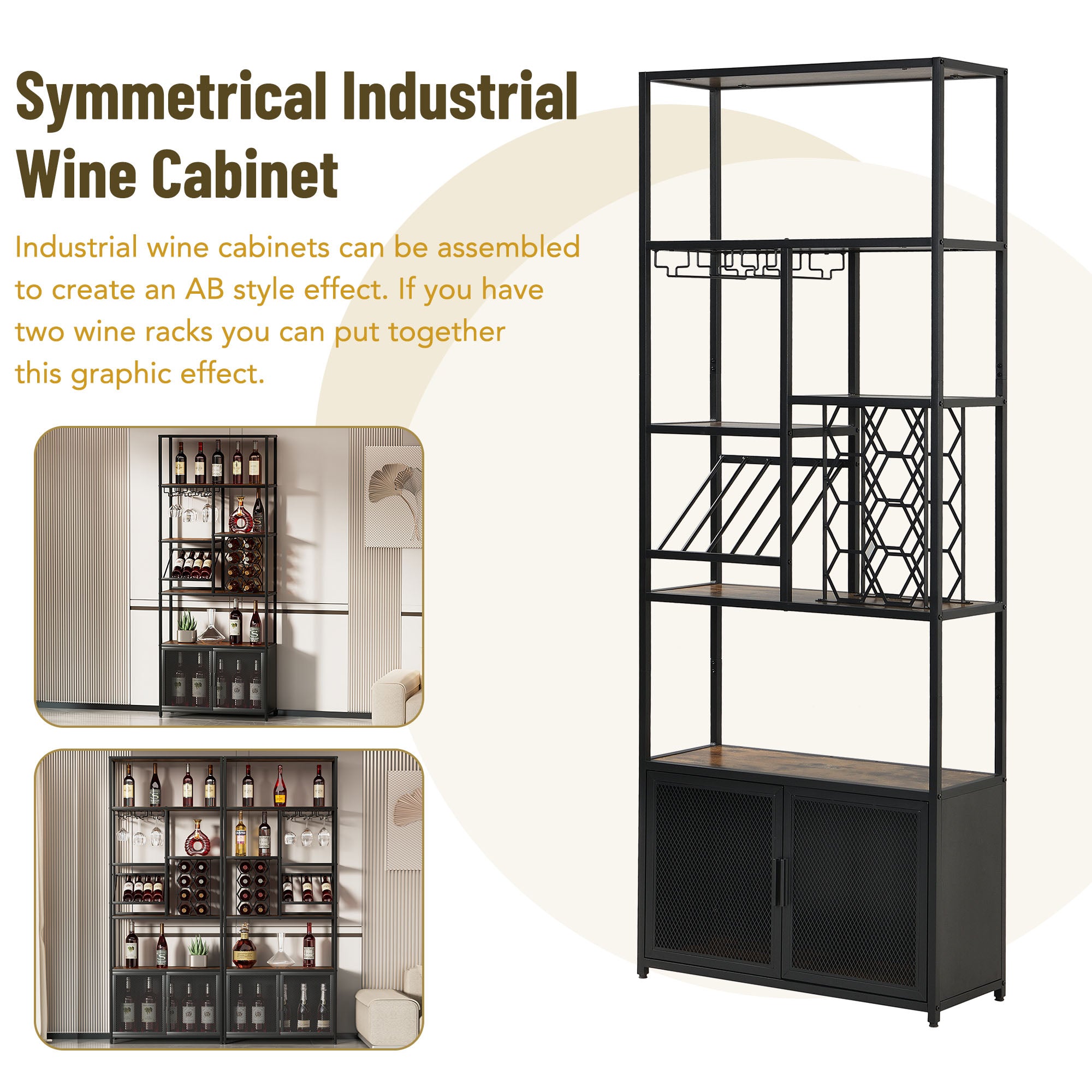 Industrial Vertical Wine Rack with Glass Shelves, 82.7 inch Tall Freestanding Floor Standing Bar Cabinet