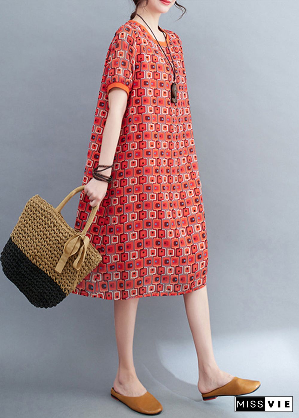 Red Print Chiffon Long Dress O-Neck Oversized Summer