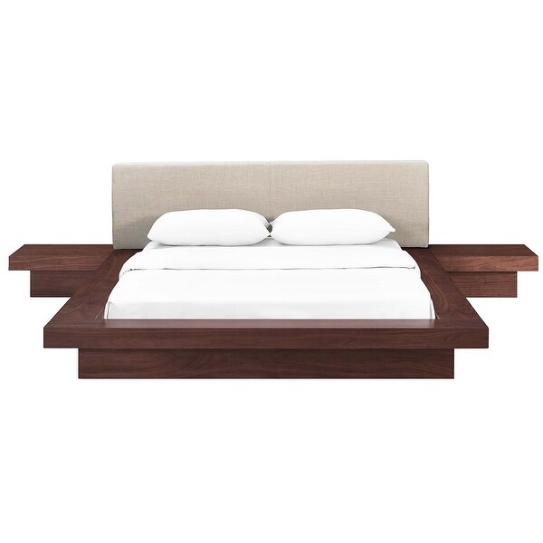 Halper Modern Queen Size Walnut Wooden Bed with Beige Fabric Upholstered Headboard and Two Nightstands - - 35892794