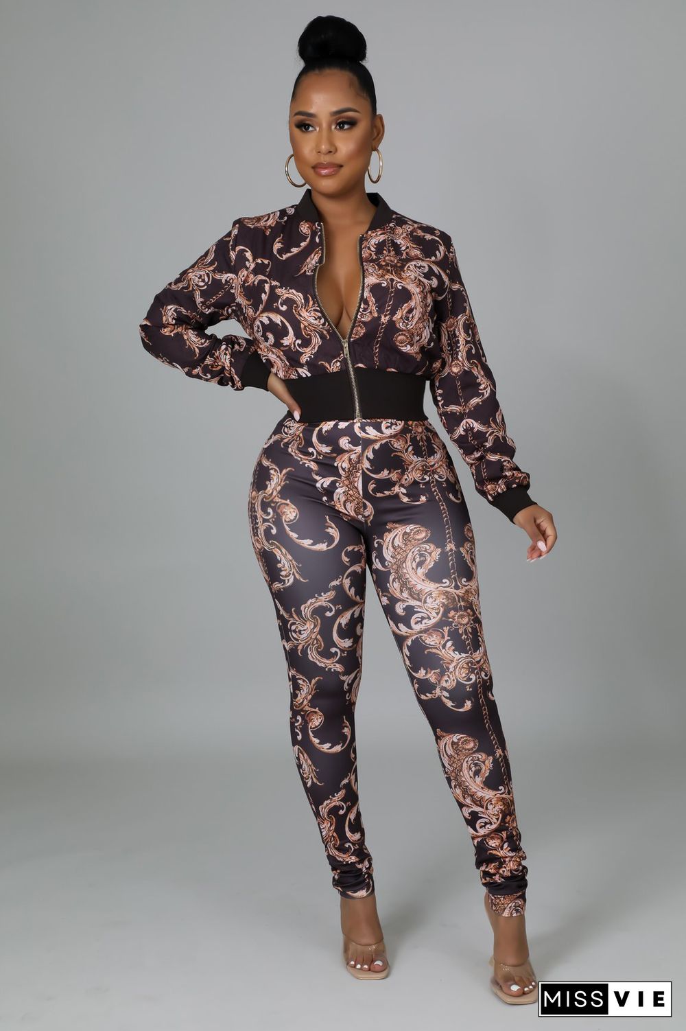 Printed Long Sleeve Zipper Jacket And Pant Suits