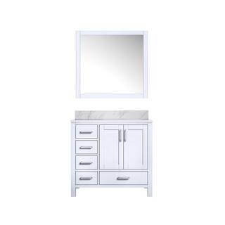 Lexora Jacques 36 in. W x 22 in. D Right Offset White Bath Vanity Carrara Marble Top and 34 in. Mirror LJ342236SADSM34R