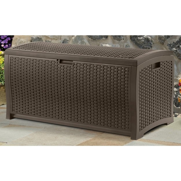 Suncast Trash Hideaway Resin Wicker Style Garbage Bin amp 99 Gallon Deck Box Java