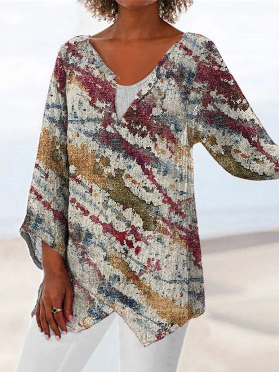 V-neck Casual Loose Maple Leaf Print Long Sleeve Blouse