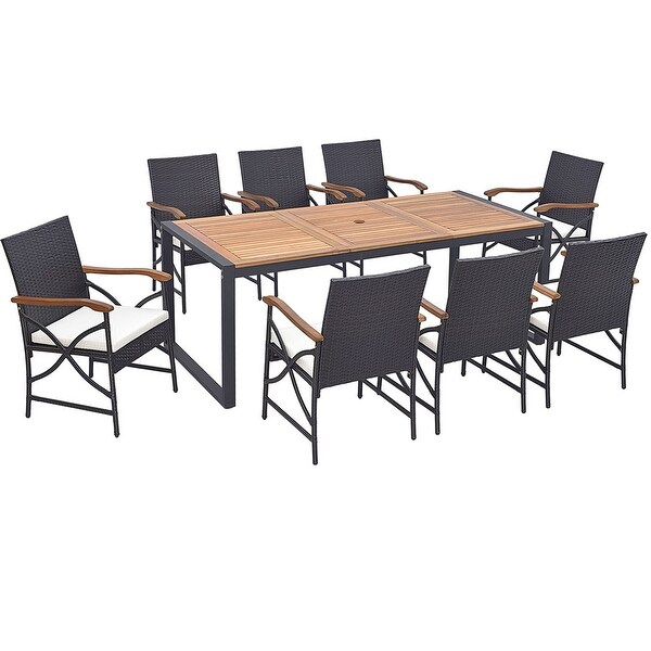 Costway 9 Pieces Patio Rattan Dining Set with Acacia Wood Table，1.9