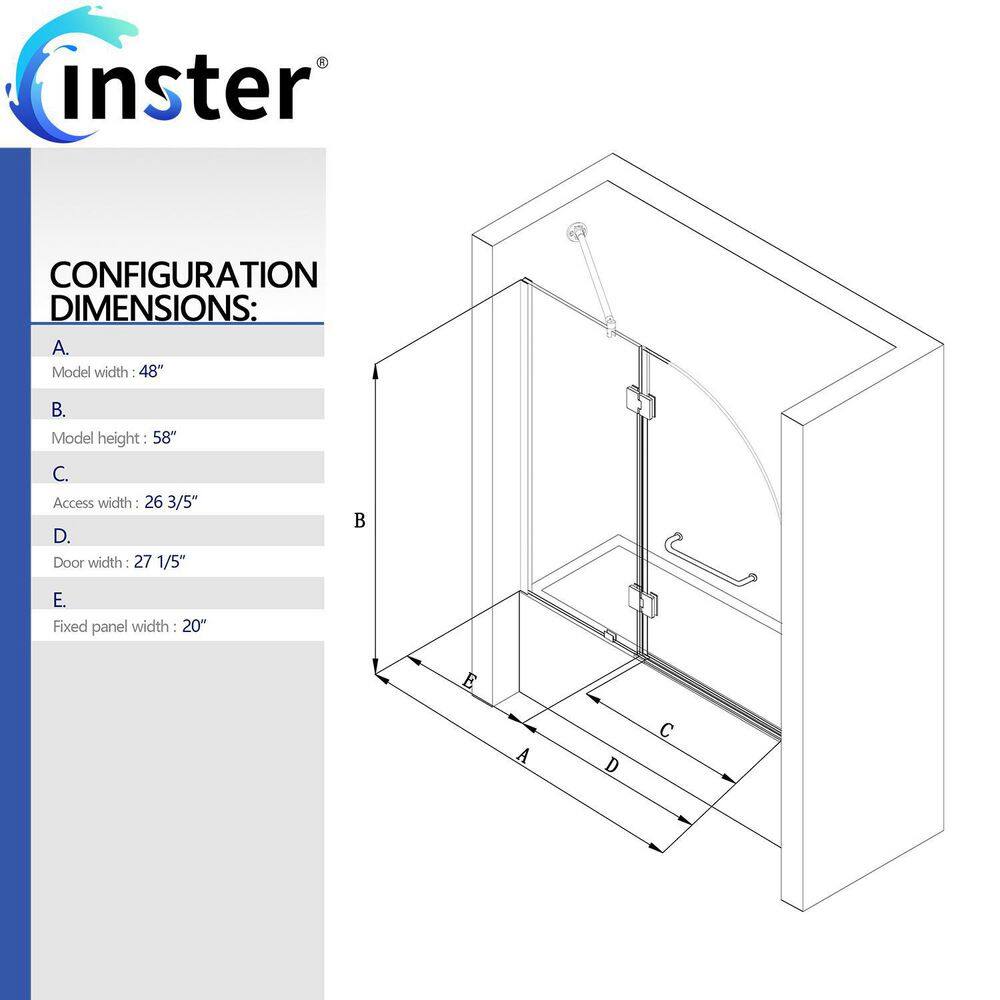 INSTER VENUS 48 in. W x 58 in. H Pivot Frameless Tub Door in Black Hinges with Clear Glass (Include Fixed Panel) HDBTYNSD0012