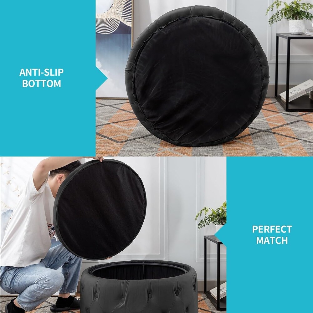 Mixoy Large Round Velvet Storage Ottoman  Button Tufted Footrest Stool