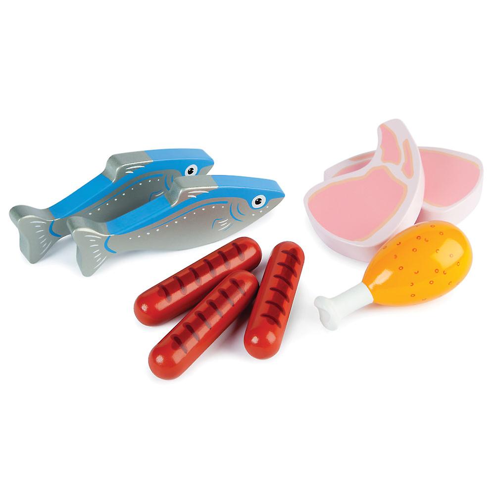 Tidlo Wooden Meat and Fish Play Food Set Pretend Kitchen Shop Accessories