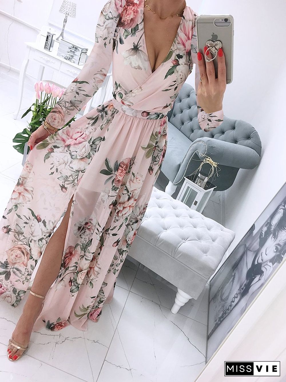 Spring Fashion Floral Print Long Party Dress Ladies Elegant V Neck Long Sleeve Split Dress Sweet Temperament Office Ladies Dress