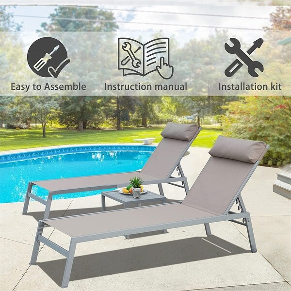 3-Piece Outdoor Chaise Lounge Adjustable Back with Table and Headrest - N/A - Overstock - 37952818