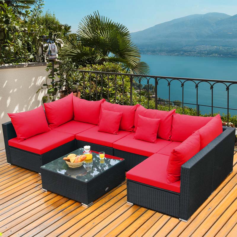 7 Pcs Rattan Patio Furniture Sectional Sofa Set Outdoor Wicker Conversation Set with Back & Seat Cushions Pillows