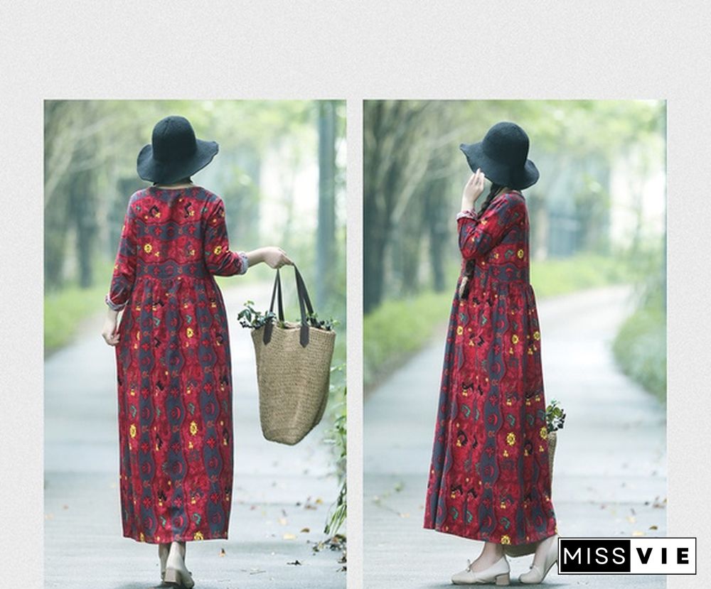 New Arrival Women's Fashion Clothing Spring and Autumn Folk Style Linen Defined Waist Loose Full Dress Printed Long Sleeve Dress