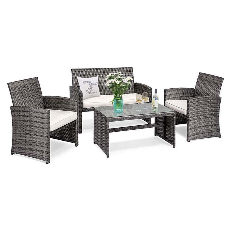 4 Pcs Rattan Wicker Patio Furniture Sets, Outdoor Conversation Sets with Loveseat, Table, Single Sofas