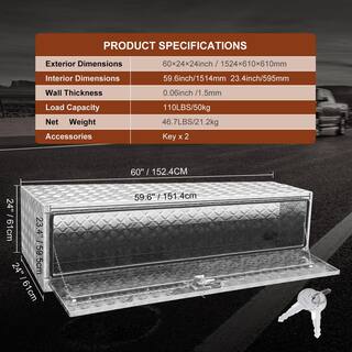 VEVOR 60 in. x 24 in. x 24 in. Underbody Truck Tool Box Aluminum Pickup Storage Box with Keys T-Handle Latch for Truck Trailer CDK602424INCH3P1VV0