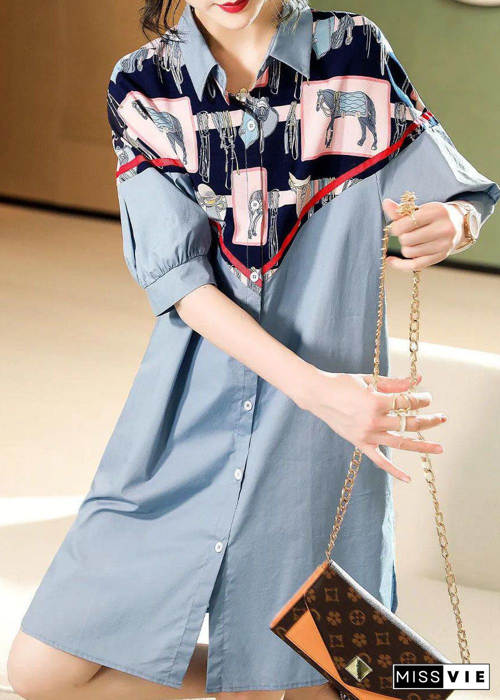 Style Blue button Peter Pan Collar print Patchwork shirt Dresses Half Sleeve