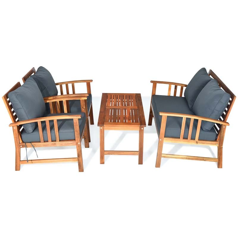 4 Pcs Acacia Wood Patio Furniture Set Outdoor Sofa Chair Conversation Set with Seat & Back Cushions