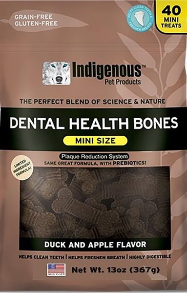 Indigenous Pet Products Dental Health Bones Duck and Apple Flavor Mini Dog Treats， 40 count