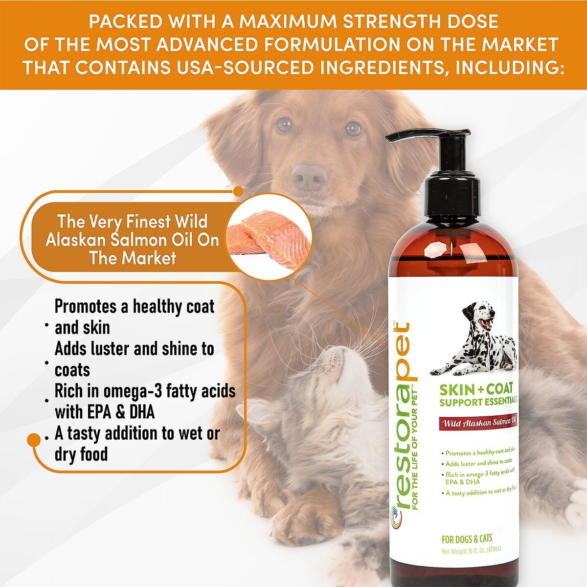 RestoraPet Skin + Coat Support Essentials Wild Alaskan Salon Oil Supplement  for Dogs， 16-oz bottle