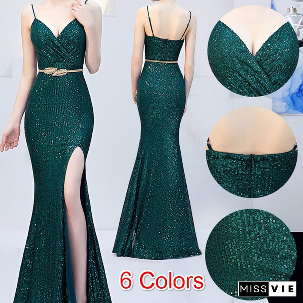 New Women Sexy Sequin Spaghetti Straps Dress Deep V Neck Sleeveless High Slit Dress Prom Formal Cocktail Pageant Party Dress Long Evening Dress