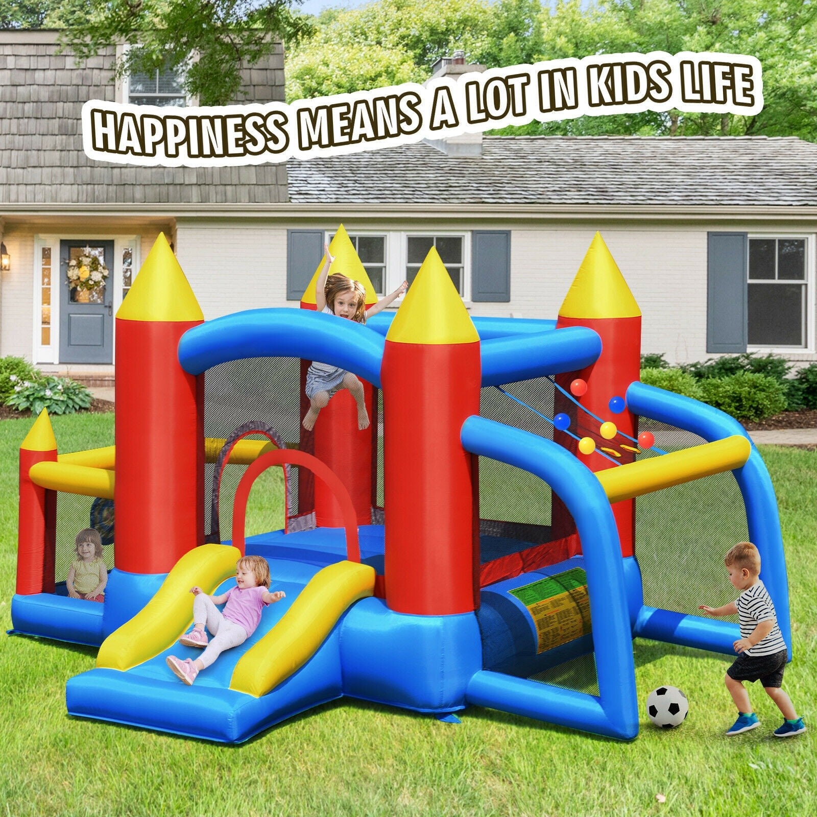 BOUNTECH Inflatable Bounce House, 6 in 1 Jump 'n Slide Bouncer w/ Large Jumping Area (Without Blower)