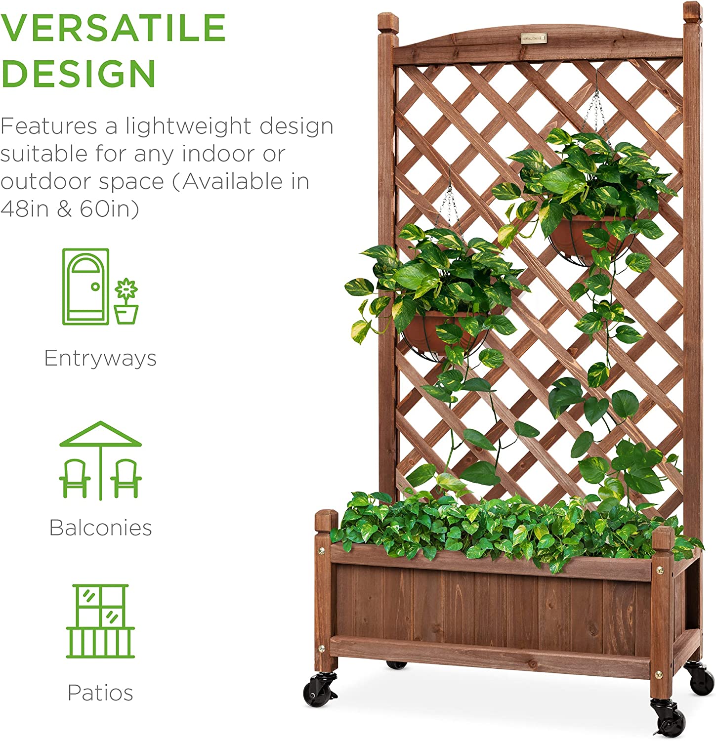 Set of 2 48in Wood Planter Box & Diamond Lattice Trellis, Mobile Outdoor Raised Garden Bed for Climbing Plants w/Drainage Holes, Optional Wheels - Walnut