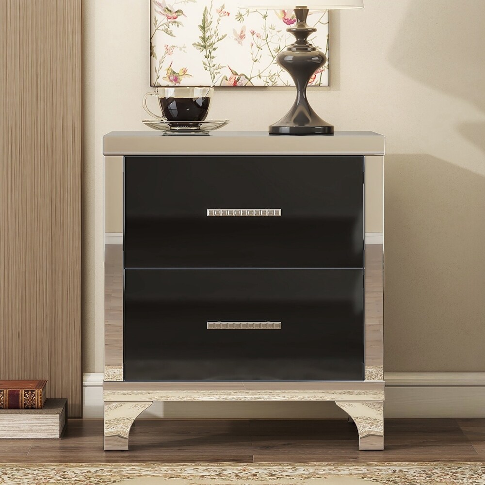 High Gloss Nightstand with Metal Handle