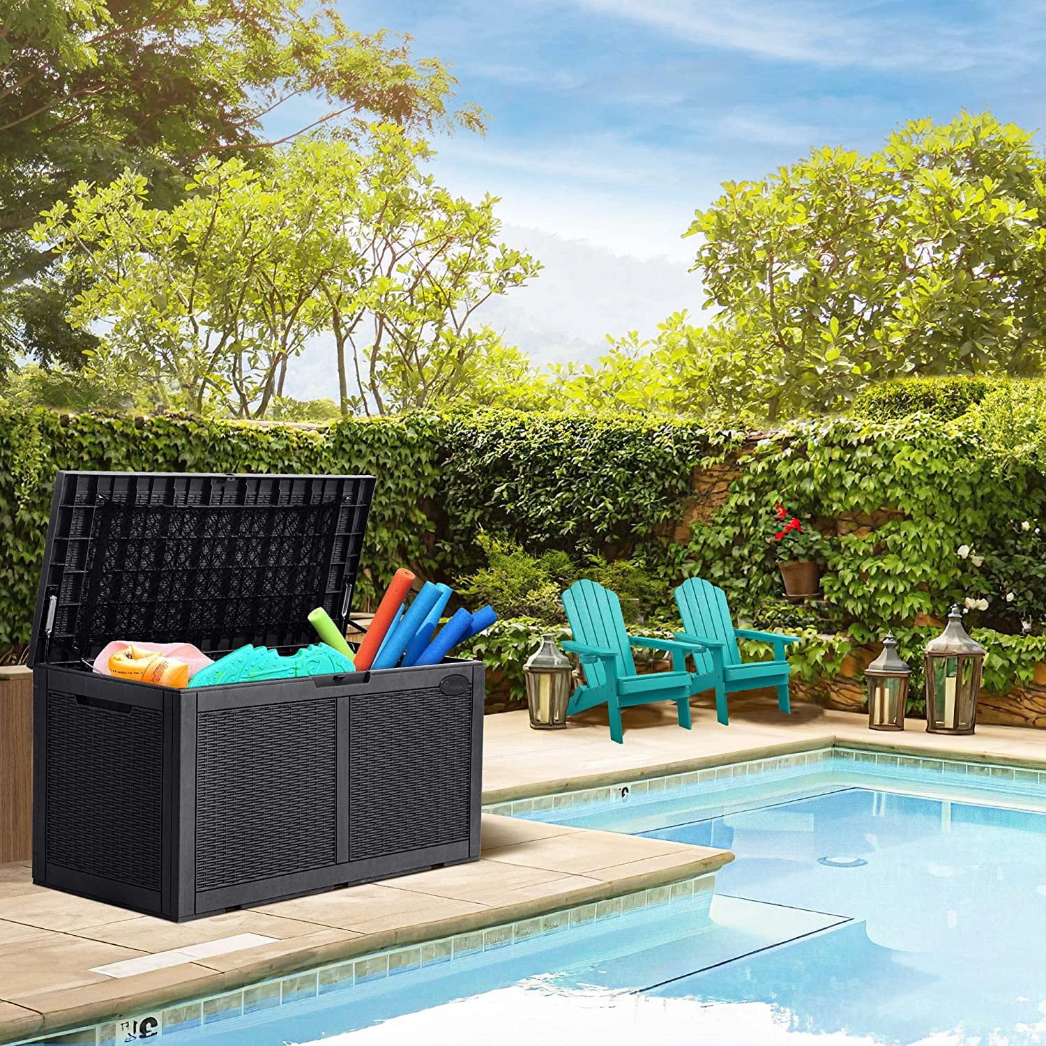 YITAHOME 100 Gallon Large Deck Box Upgrade Resin Outdoor Storage Boxes, Waterproof Patio Cushion Storage Bench for Patio Furniture, Pillows, Pool Supplies, Garden Tools- Rattan,Lockable (Black)