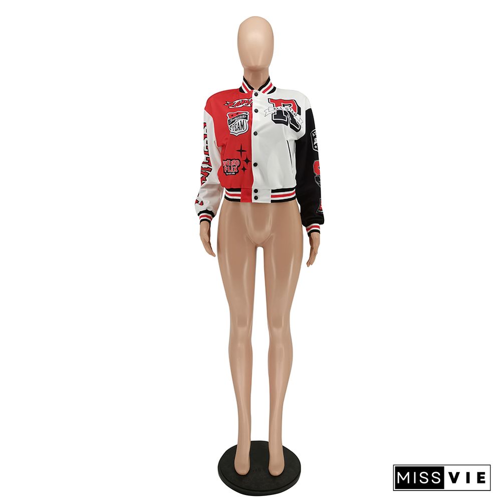 Patchwork Print Press Button Thread Bomber Jacket