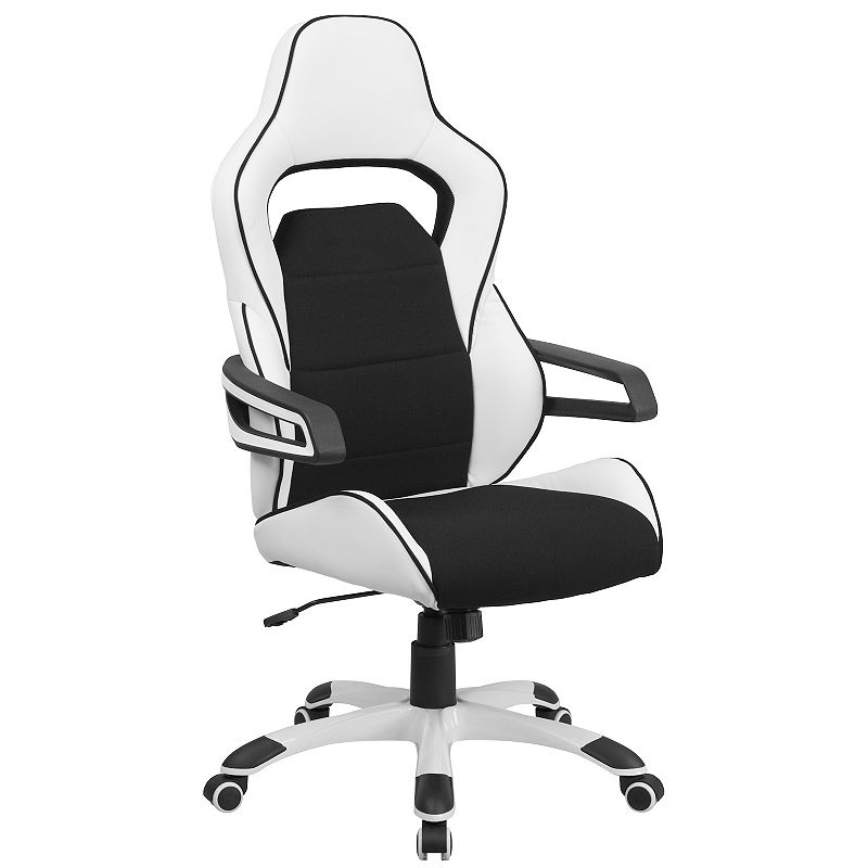 Emma and Oliver High Back White Vinyl/Black Fabric Executive Swivel Arm Office Chair