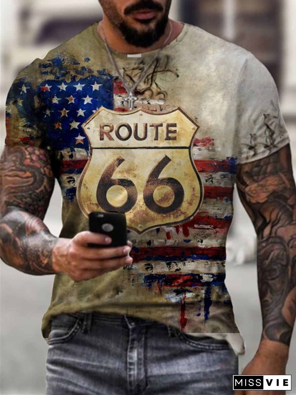 New Fashion Route 66 Digital Printing Trend Men's Sports Short-sleeved T-shirt