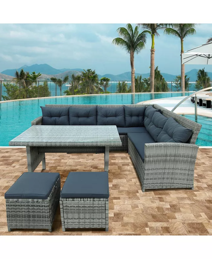 Simplie Fun 6-Piece Patio Furniture Set Outdoor Sectional Sofa with Glass Table Ottomans for Pool Backyard Lawn (Gray)