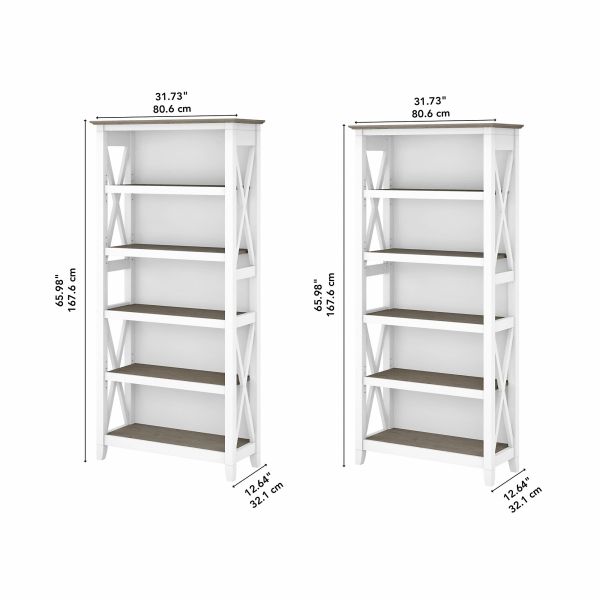 Bush Furniture Key West 5 Shelf Bookcase Set in Pure White and Shiplap Gray