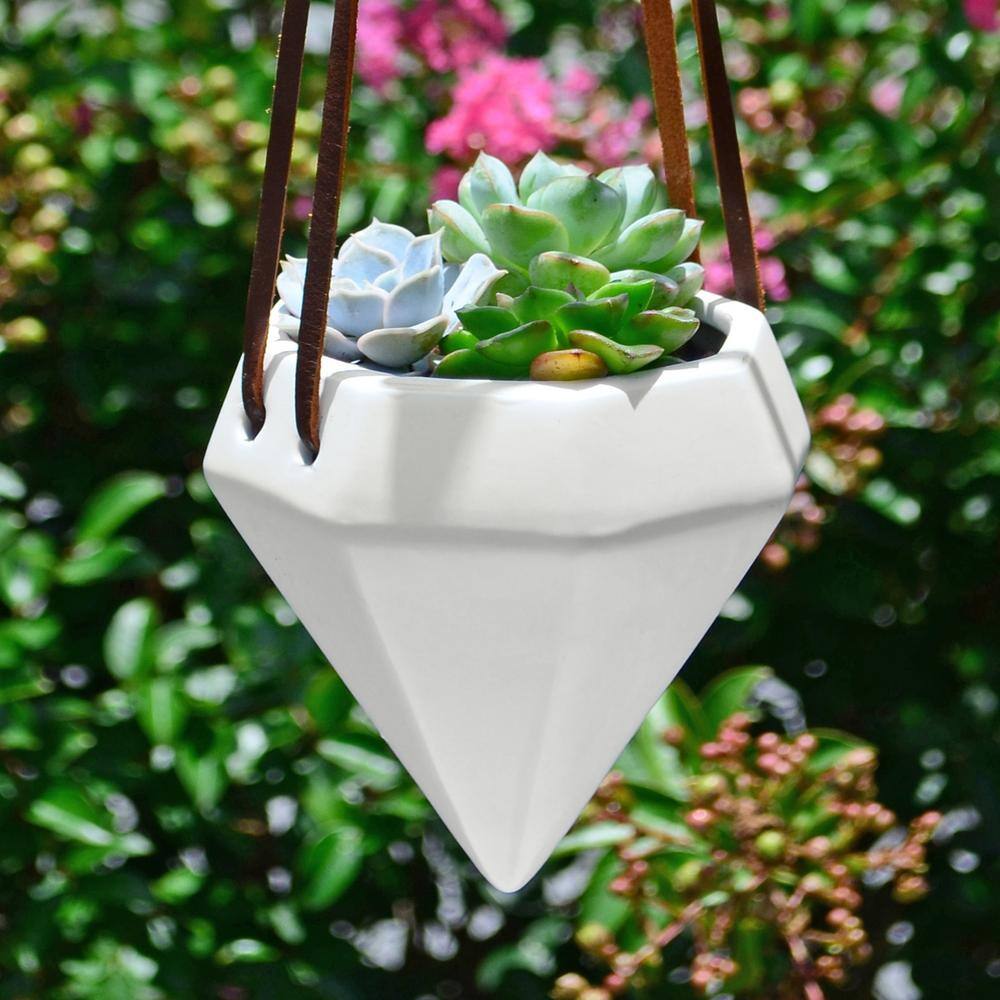 Arcadia Garden Products Diamond 4-12 in. x 4-12 in. Matte White Ceramic Hanging Planter AP13W