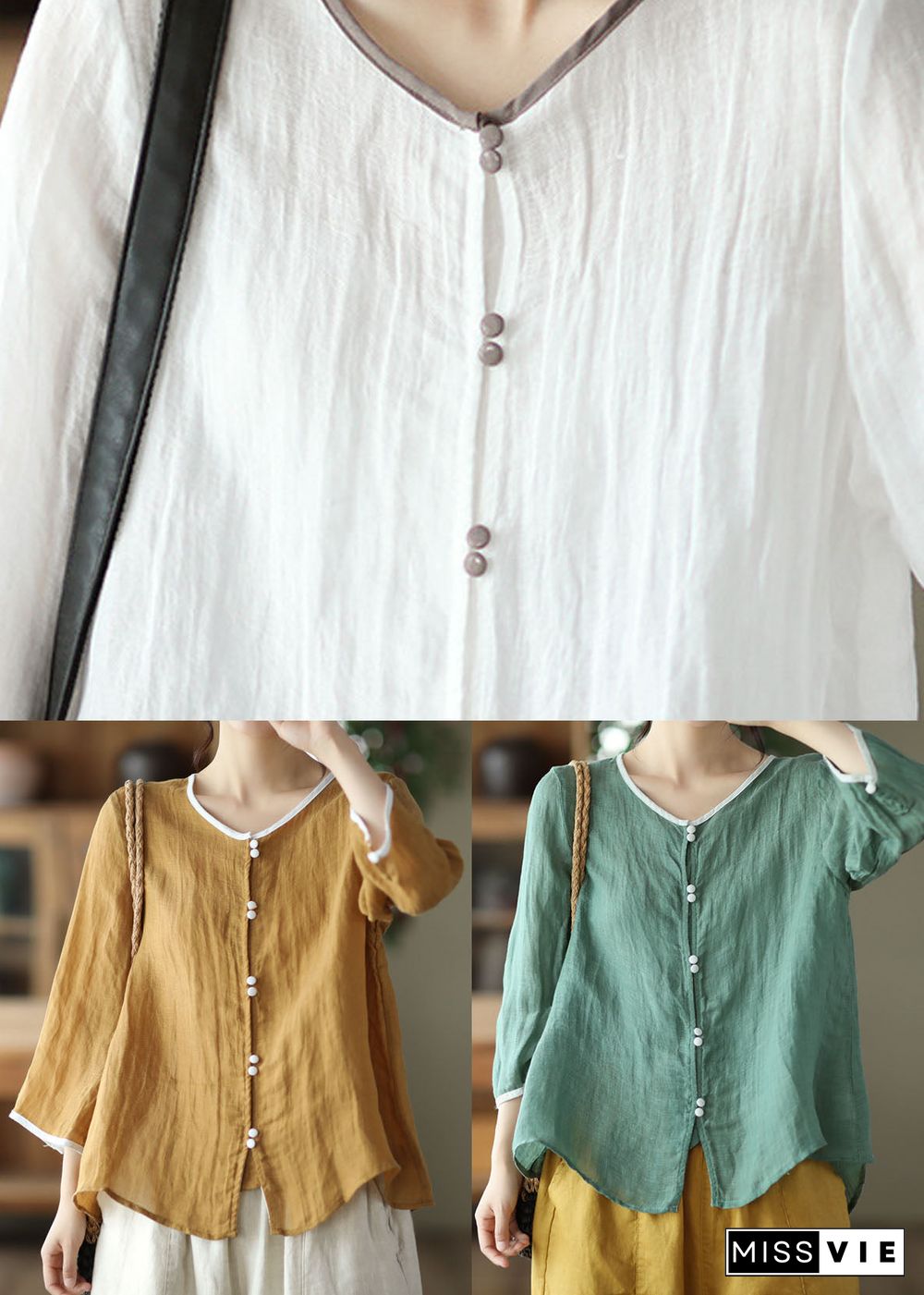 Elegant White O Neck Patchwork Linen Blouses Summer