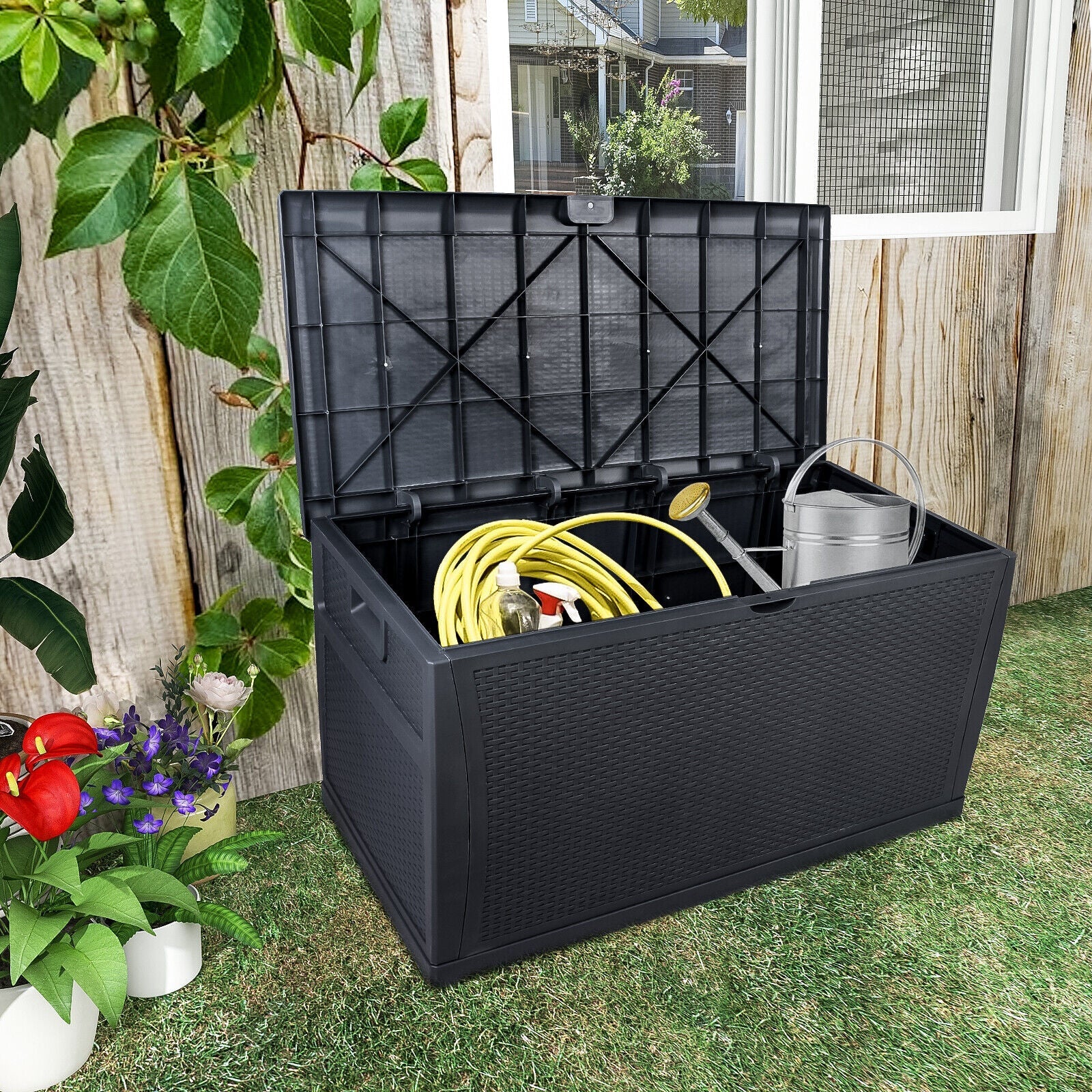 120 Gallon Resin Deck Box Indoor Outdoor Storage Box with Lockable Lid for Patio Cushions, Toys, Garden Tools Black